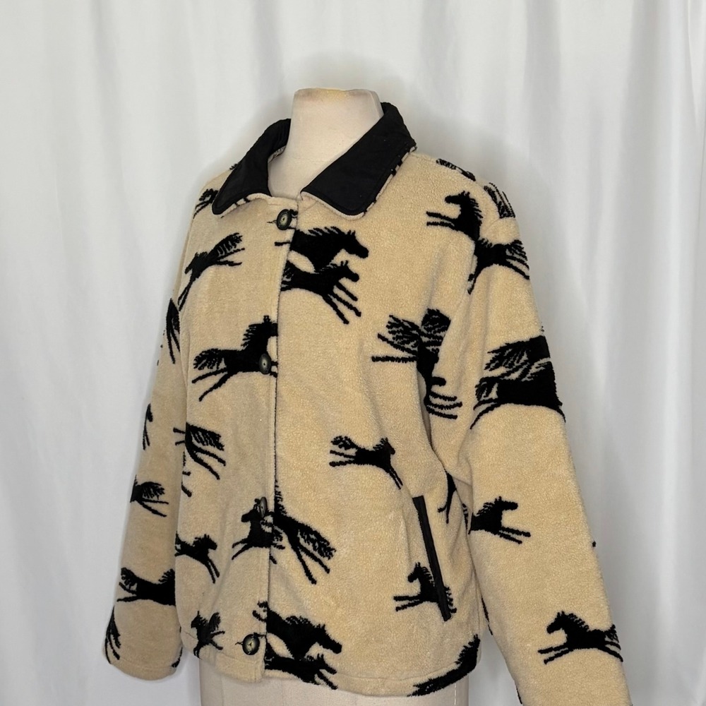 TSUNAMI Equestrian Horse Print Fleece Jacket Faux Suede Trim Buttons Large - Picture 7 of 13